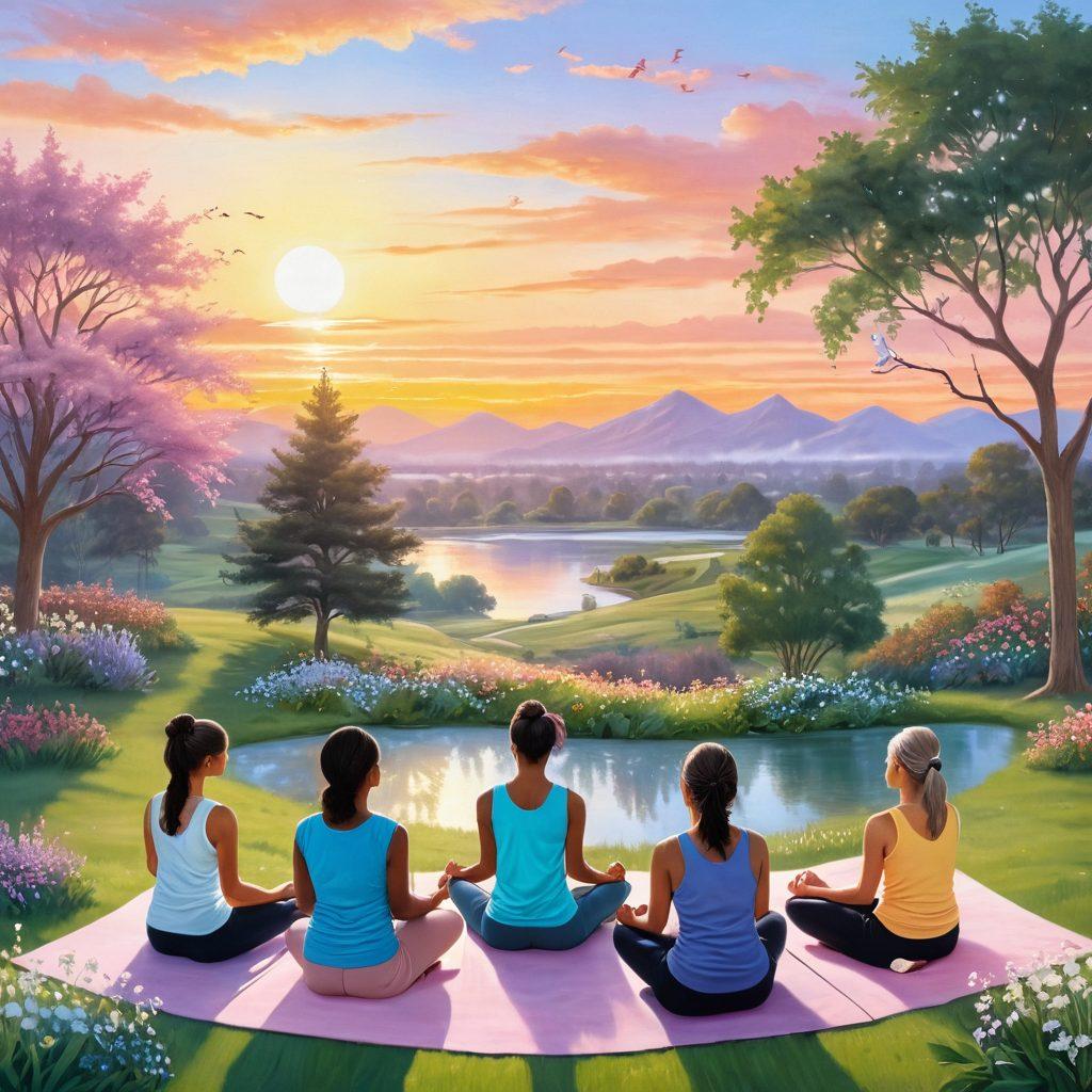 A serene landscape depicting a supportive community, with diverse individuals engaging in various wellness activities such as yoga, cooking healthy meals, and sharing stories. Soft pastel colors dominate, with symbols of hope like a blooming flower and a ribbon intertwined in the scene. The background features a sunrise, symbolizing new beginnings and recovery. super-realistic. soft pastel colors. uplifting atmosphere.